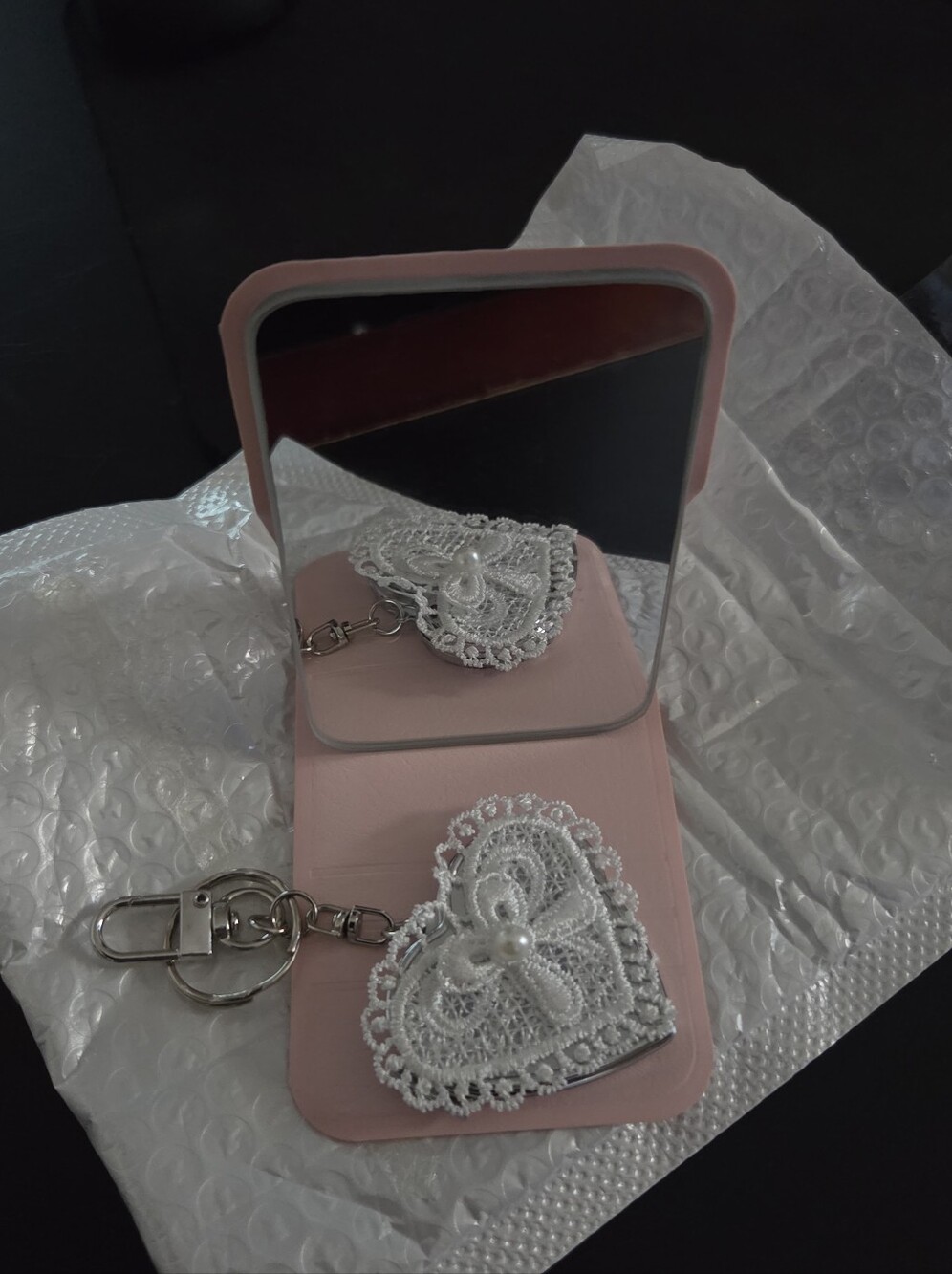 Compact Pink Folding Mirror with White Lace Heart Keychain